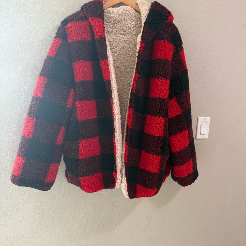 Love Tree Reversible Sherpa Hoodie Jacket Plaid/Beige Cozy Zip Front Size L